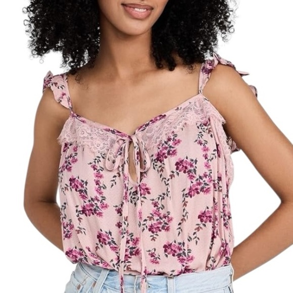 Free People Tops - Floral Lace Cami Bodysuit Tank Top Tie Strap Ruffle Sleeve Summer